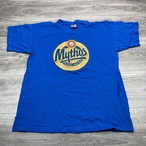MYTHOS Greek Beer T Shirt Men's Medium Blue Short Sleeve Greece Short Sleeve